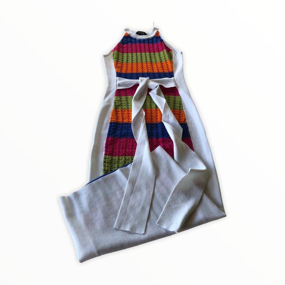 Beautiful Women's colorful stretch dress, with attached belt M - Picture 7 of 8